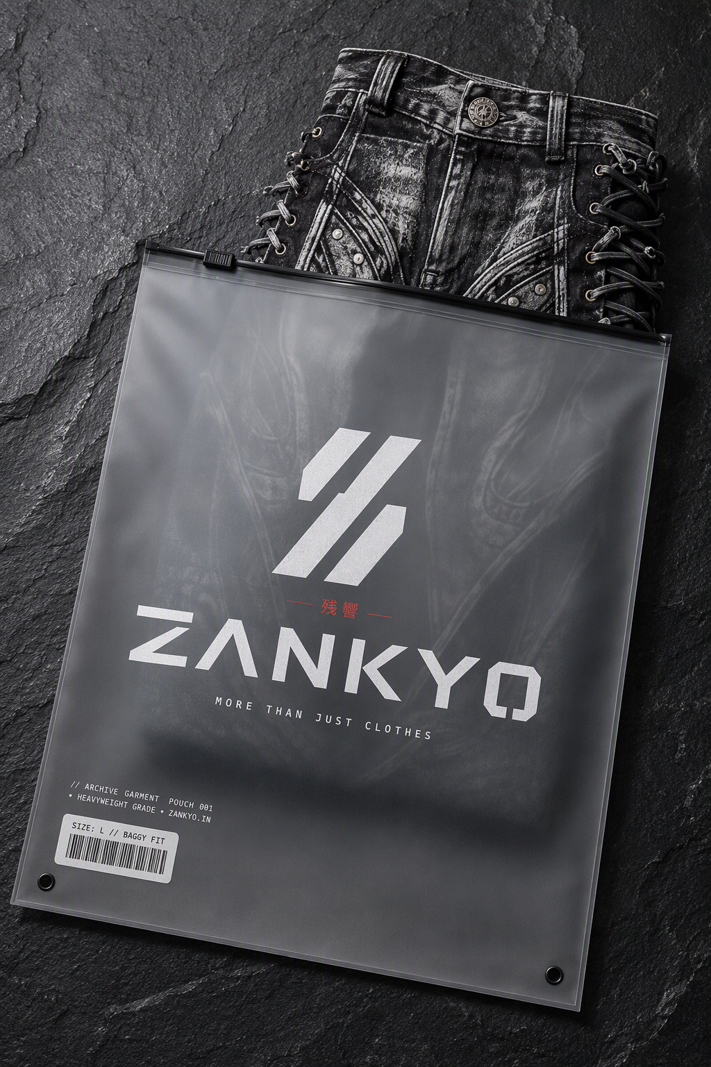ZANKYO frosted graphite garment pouch with archival barcode label