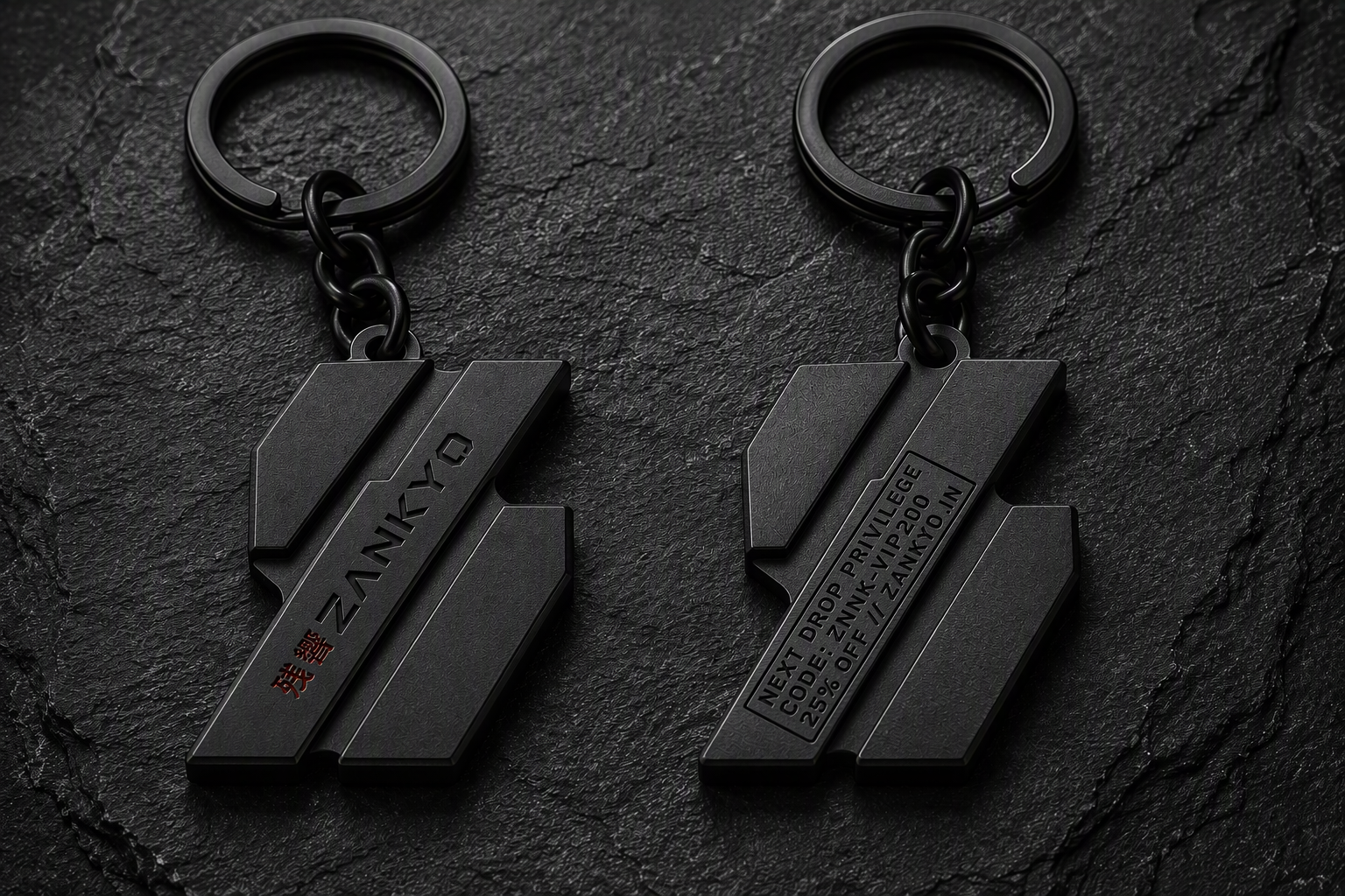 ZANKYO matte black 3-slash metal keychain with engraved privilege code on the reverse